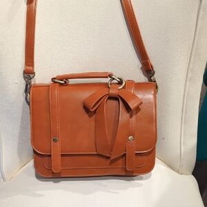 Chic Tan Vegan Leather Satchel with Bow Accent